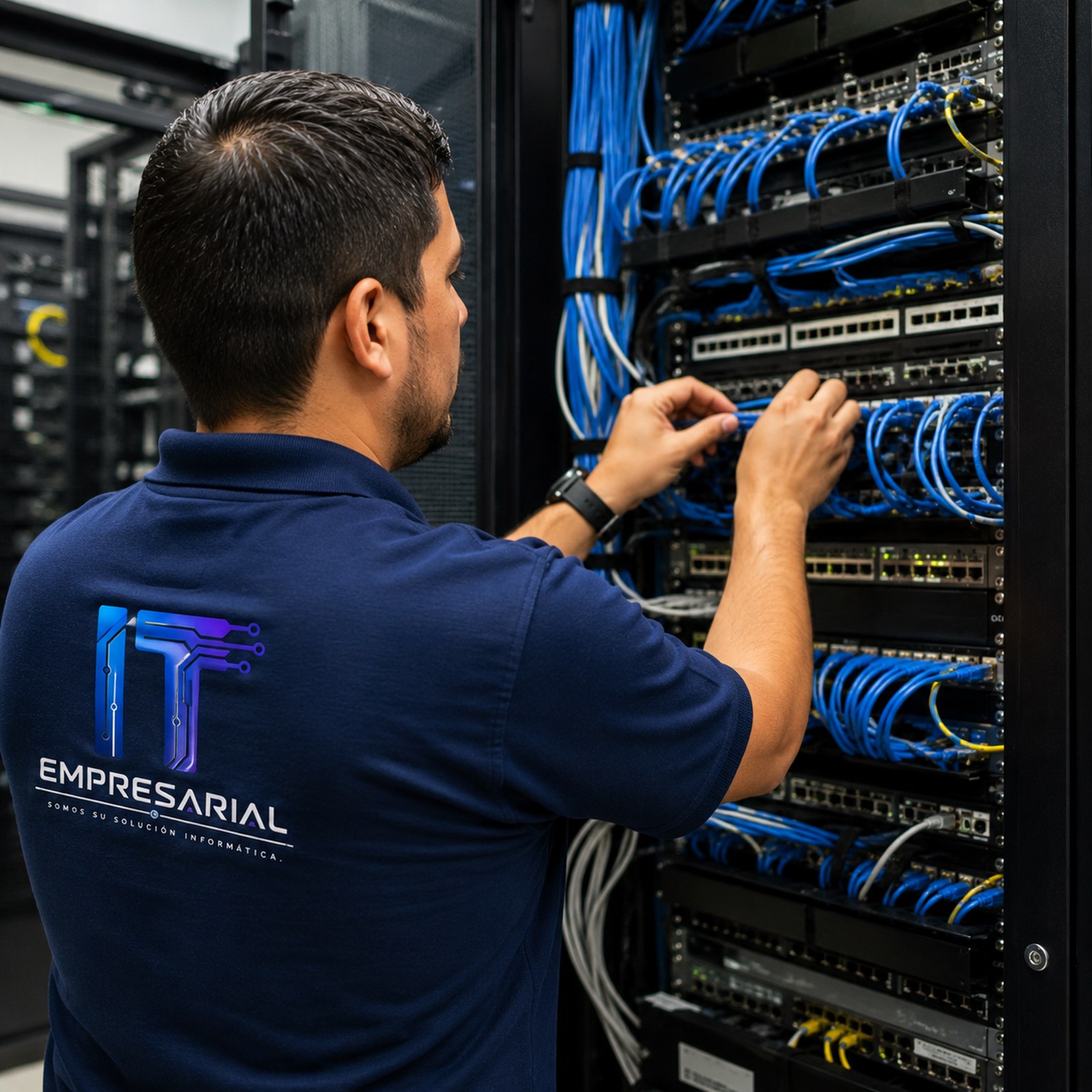 Técnico de IT Empresarial trabajando en un rack de red